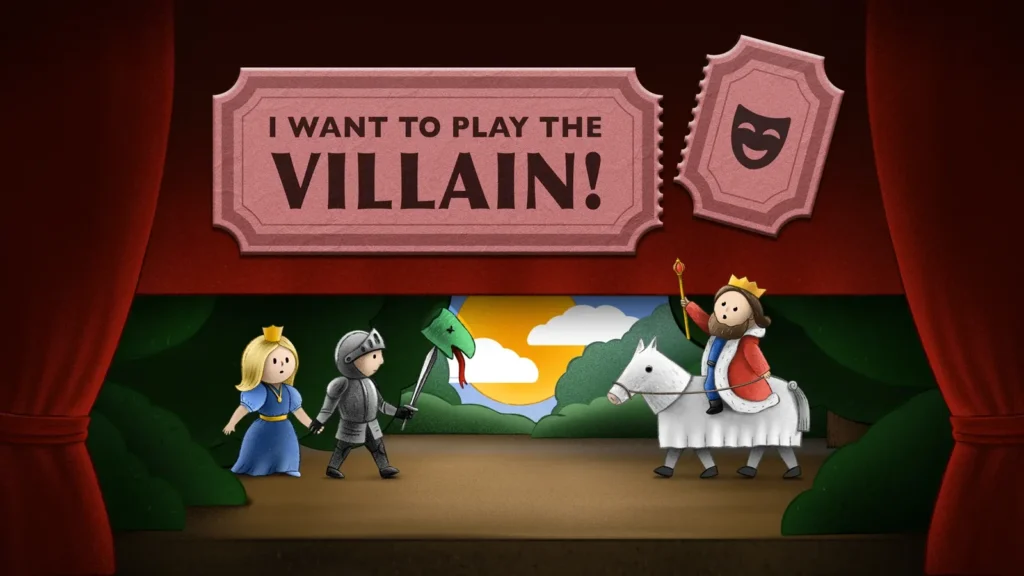 Escenario teatral de I Want to Play the Villain! con varios actores representando una obra